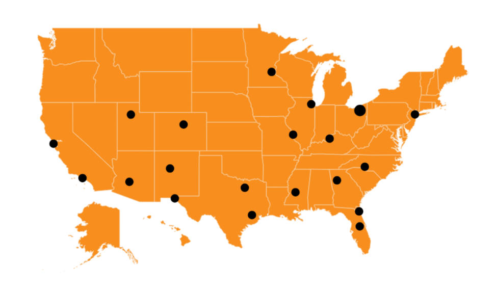 Map of United States marking TTR's coverage.
